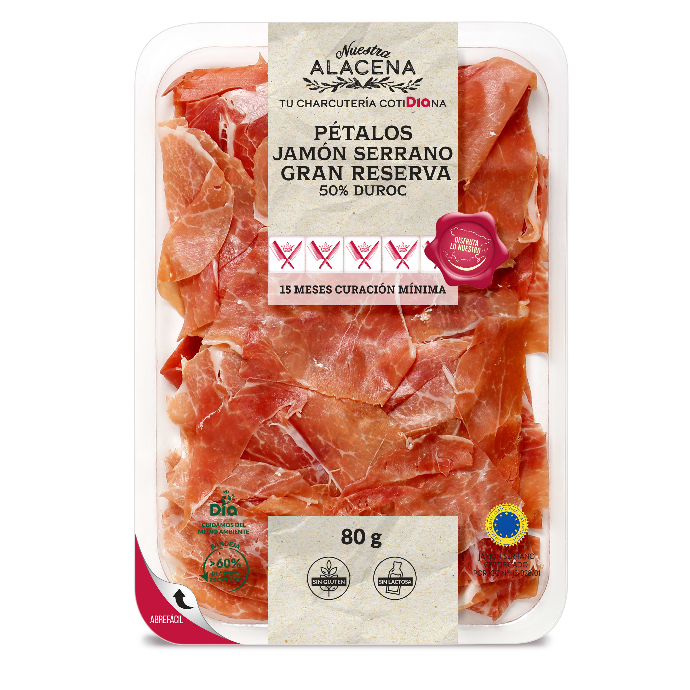 Pétalos de jamón serrano gran reserva 50% duroc NUESTRA ALACENA  SOBRE 80 GR