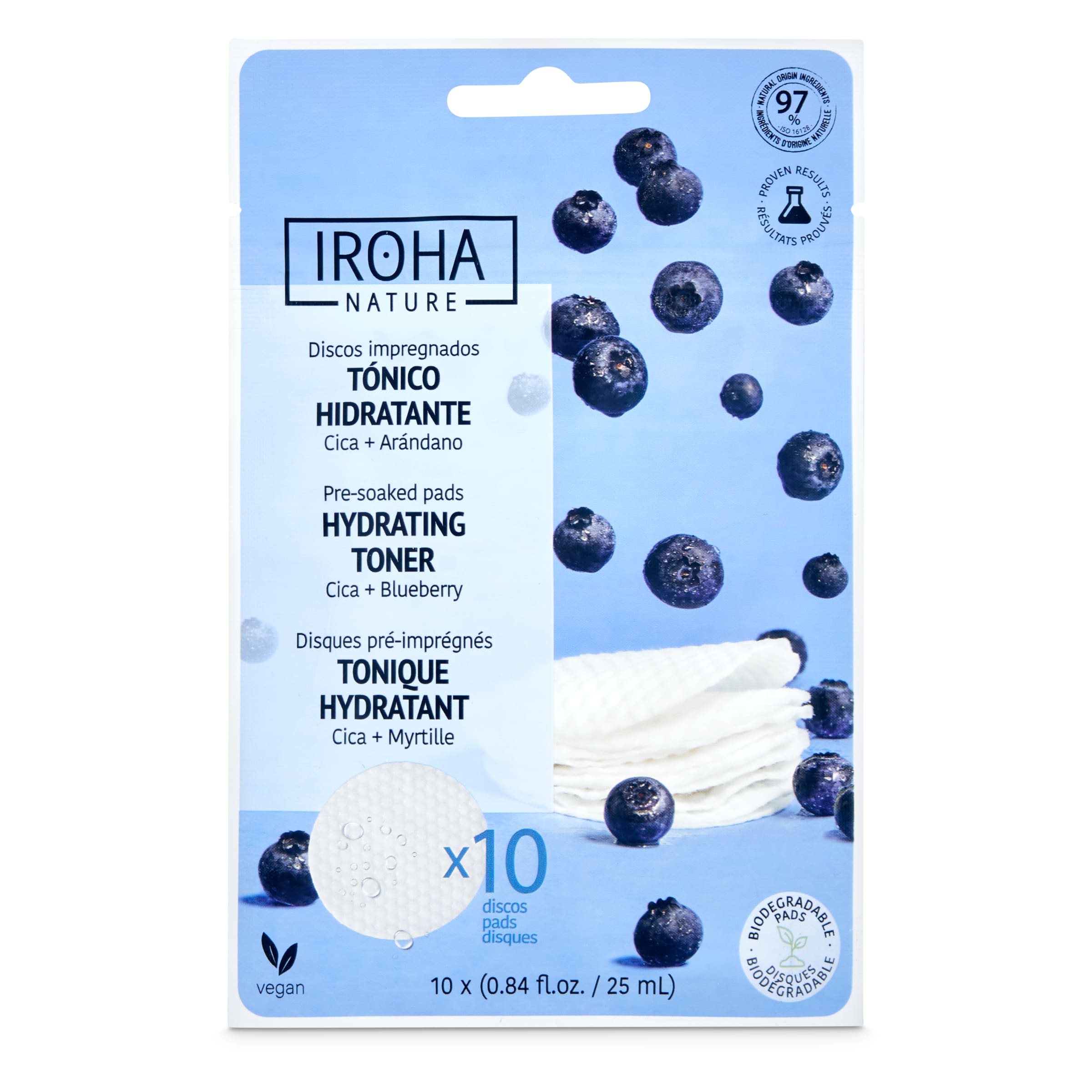 Discos tonificantes e hidratantes con cica y arándanos IROHA   BOLSA 10 UD