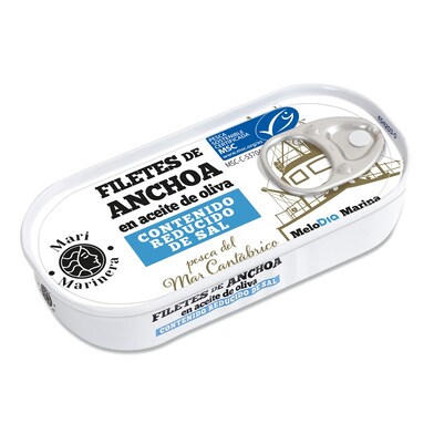 Filetes de anchoa del Cantábrico MSC en aceite de oliva reducido sal Dia Mari Marinera lata 29 g-0 Filetes de anchoa del Cantábrico MSC en aceite de oliva reducido sal Dia Mari Marinera lata 29 g-0