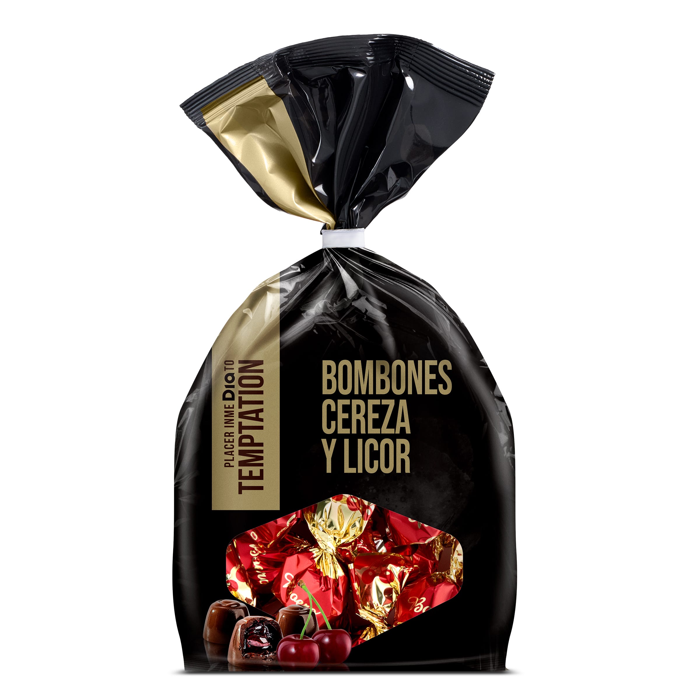 Bombones de chocolate negro rellenos de cereza y licor Temptation bolsa 320 g