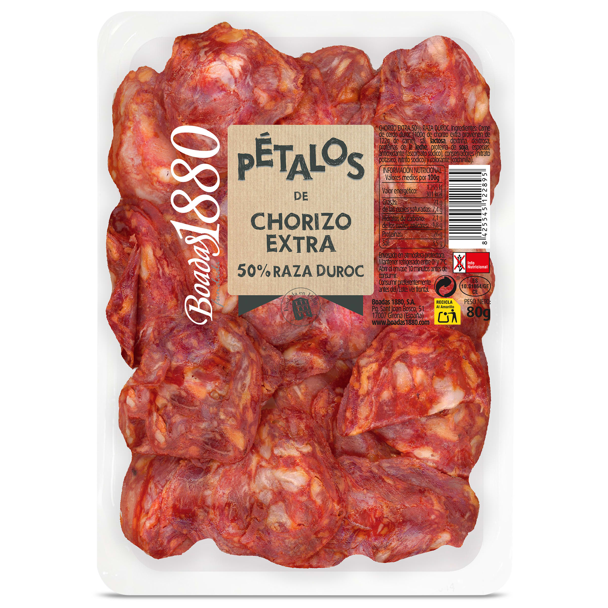 Pétalos de chorizo extra 50% duroc Boadas sobre 80 g