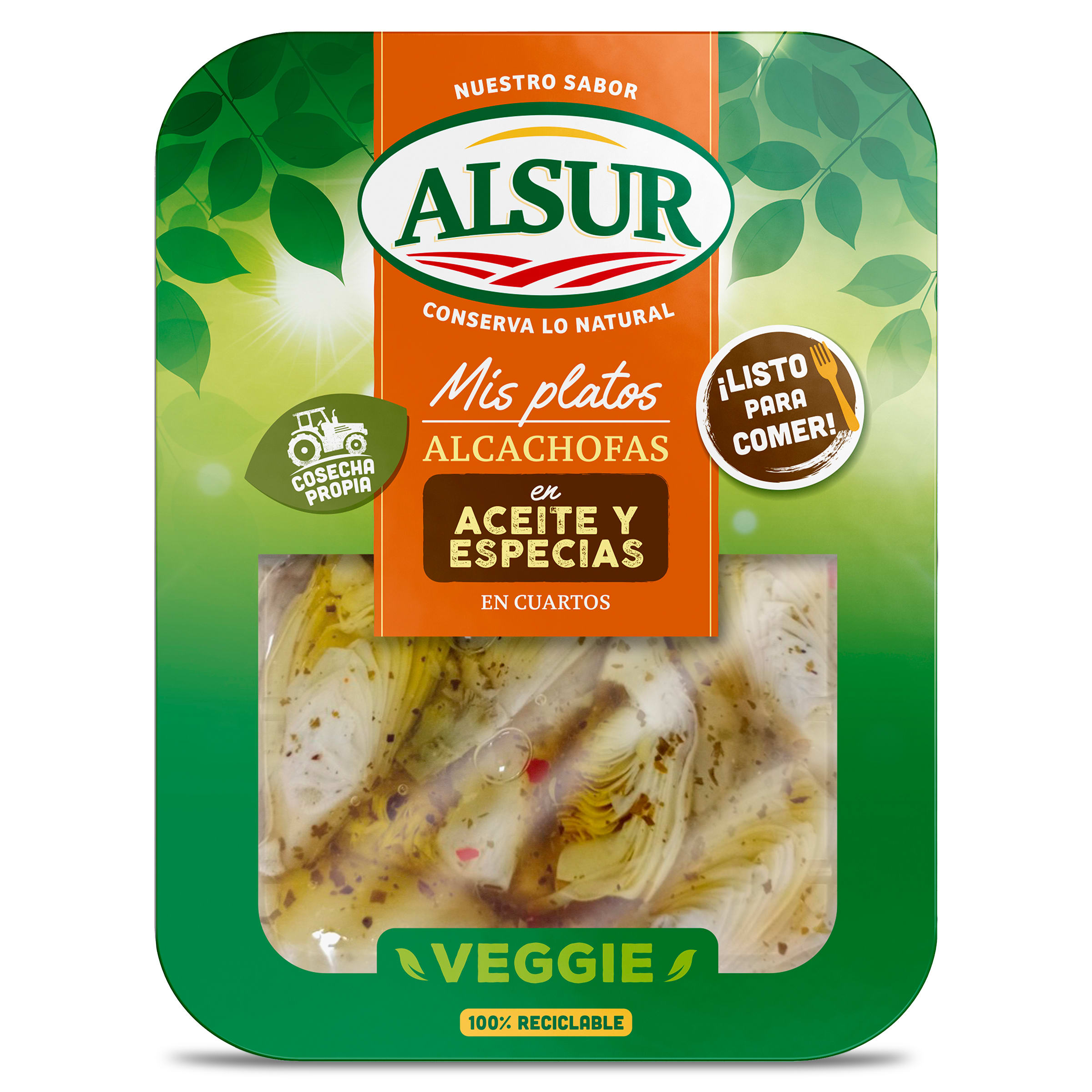 Alcachofas en aceite y especias en cuartos Alsur bandeja 190 g