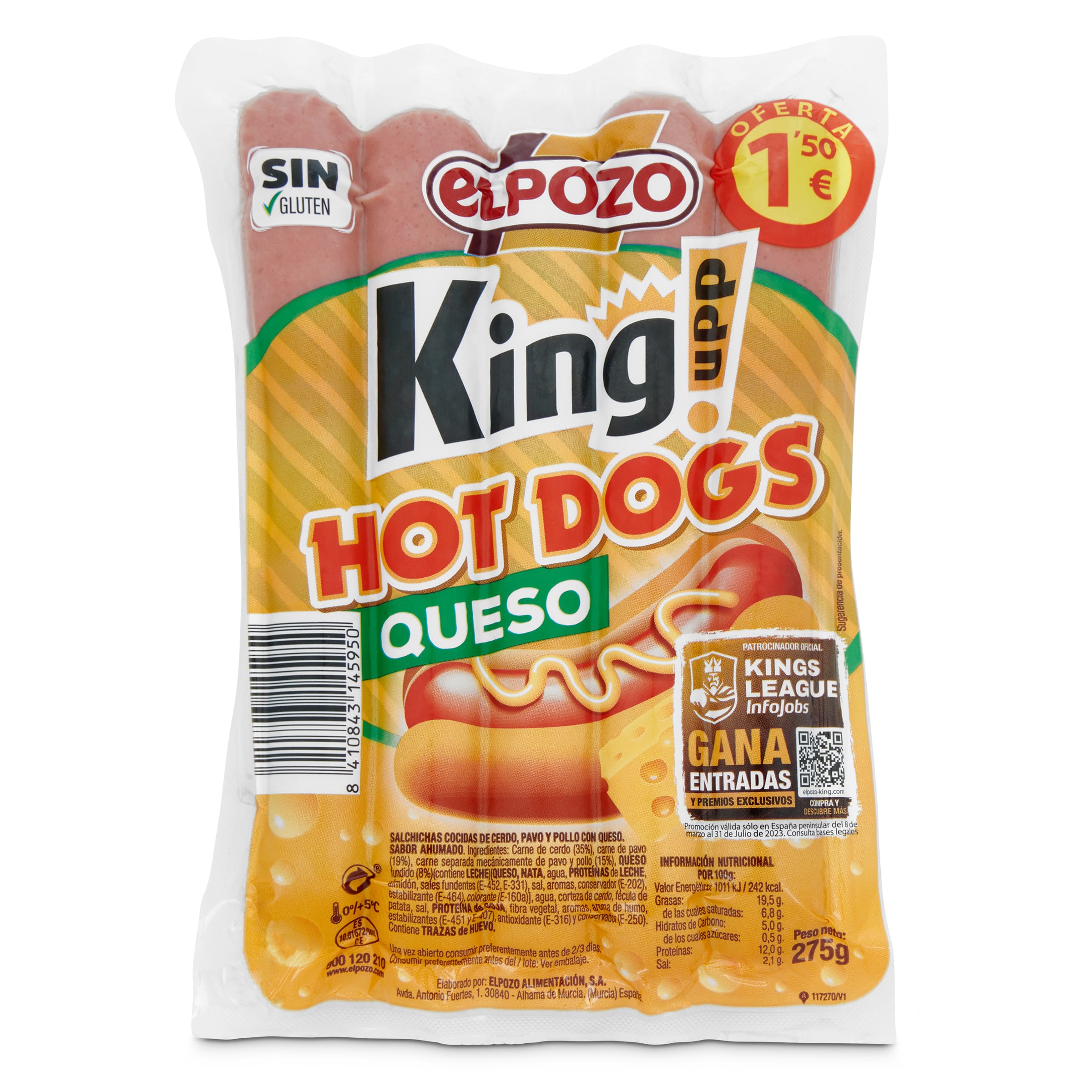 Salchichas hot dog con queso Elpozo King bolsa 275 g