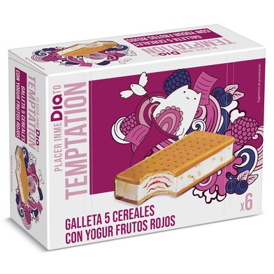 Helado sandwich yogur con frutos rojos, copos de trigo integral y galleta 5 cereales 6 unidades Temptation de Dia caja 342 g-0