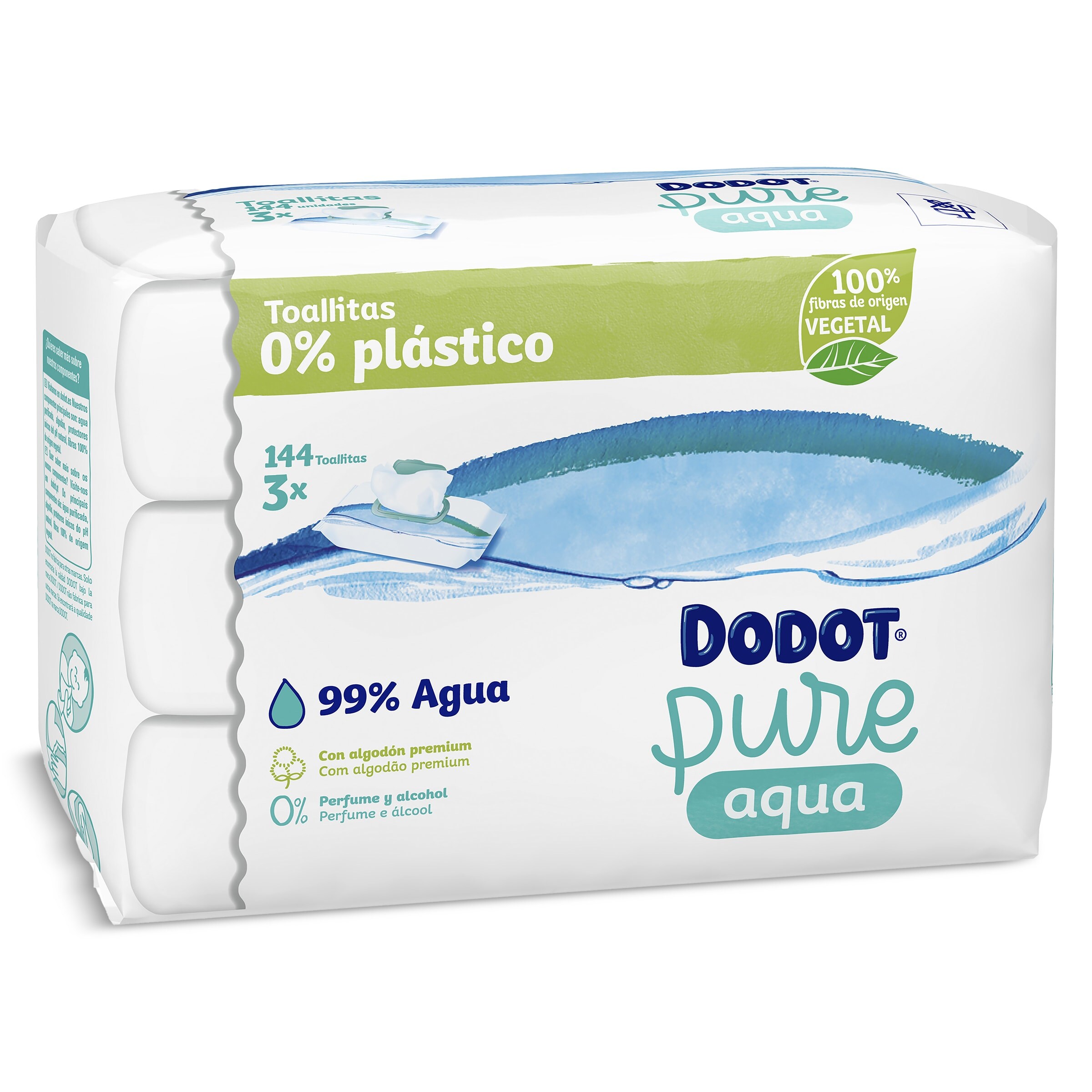 Toallitas para bebés aqua pure 0% plástico Dodot pack 3 x 48 unidades