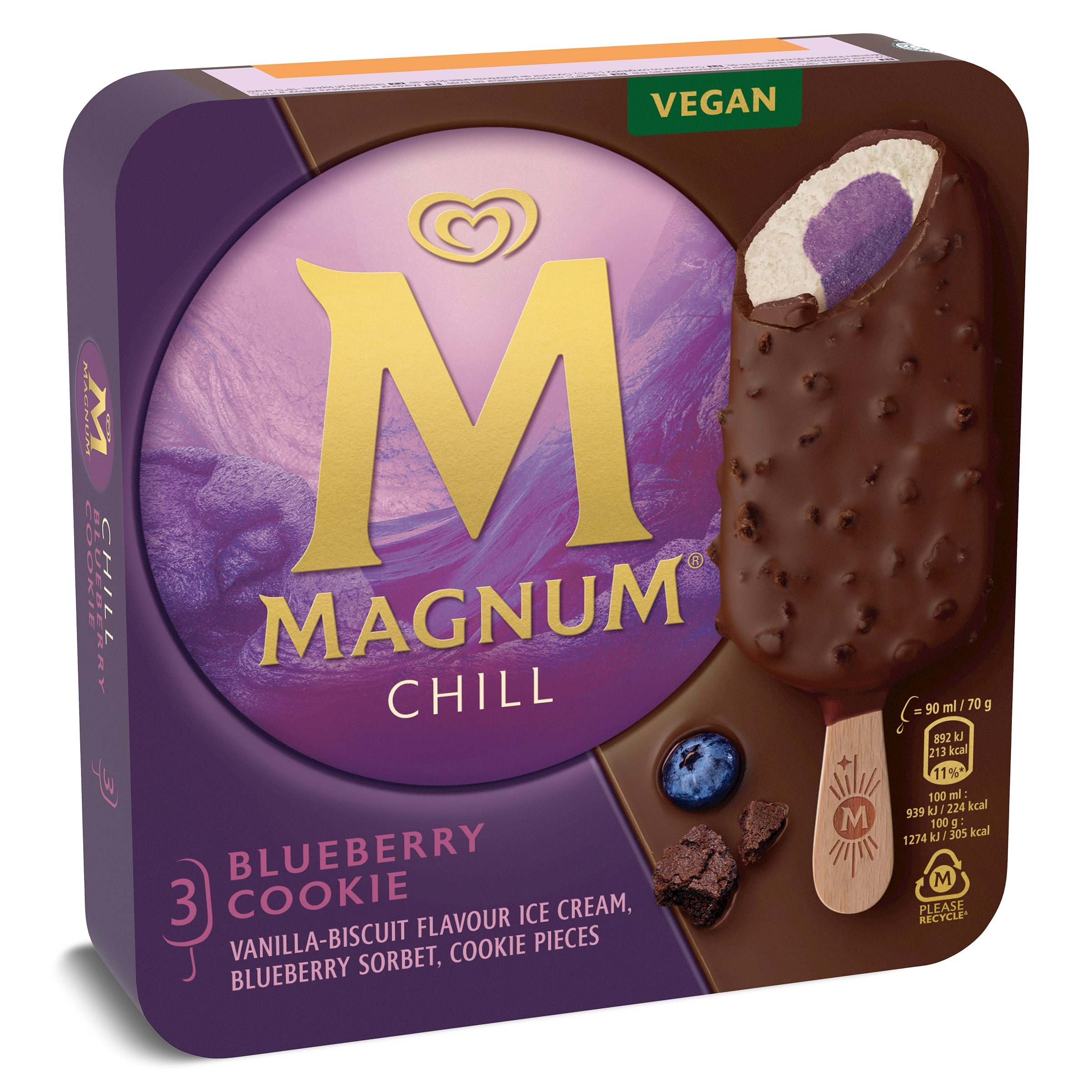 Helado bombón de galleta de vainilla con arándanos y cookies 3 unidades Magnum Chill caja 210 g