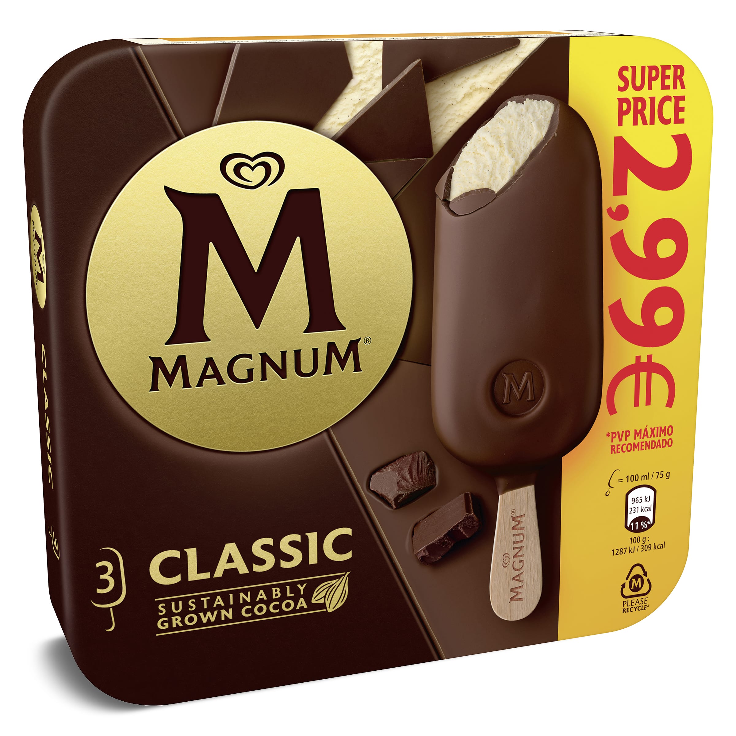 Helado bombón cásico 3 unidades Magnum caja 237 g