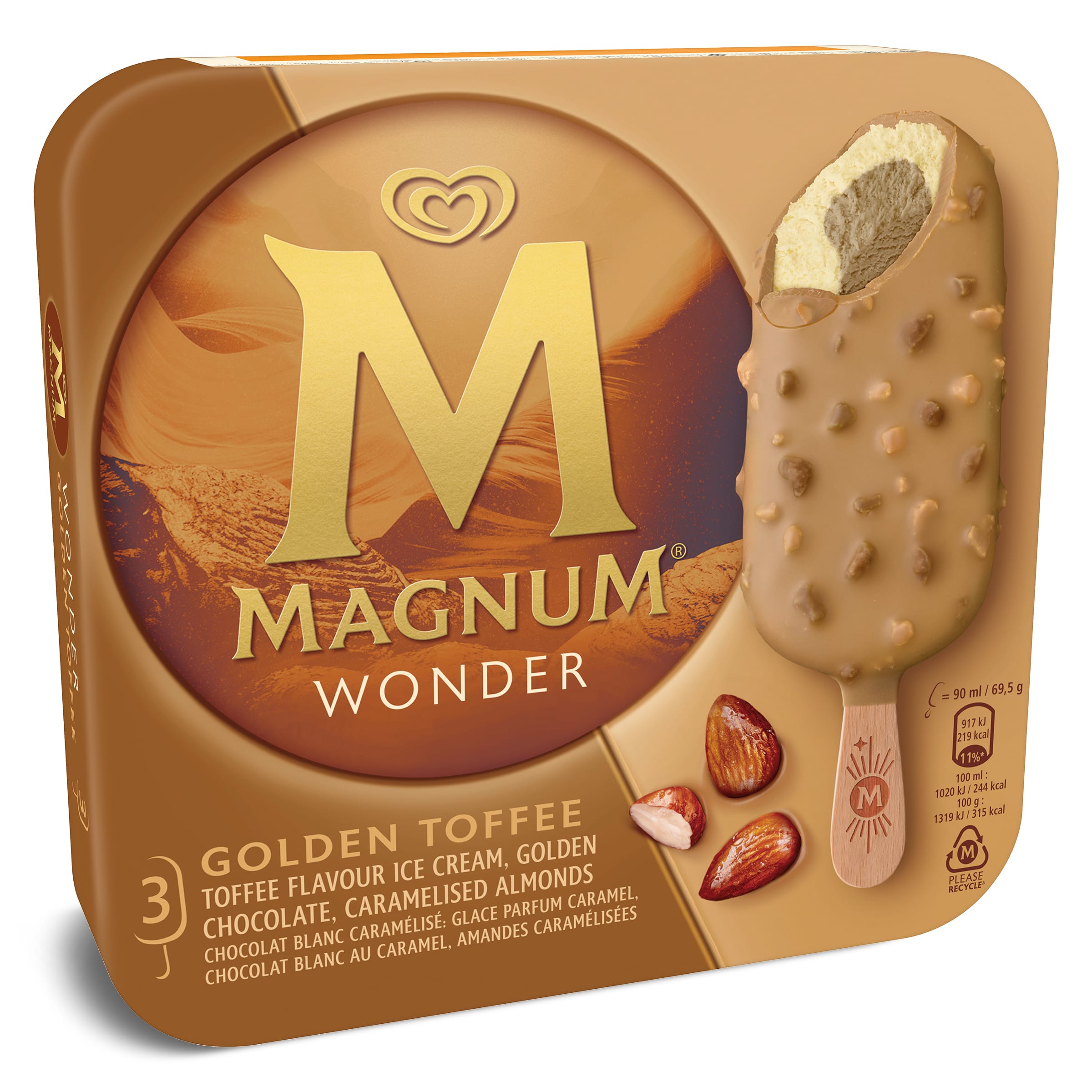 Helado bombón golden toffee 3 unidades Magnum Wonder caja 208 g