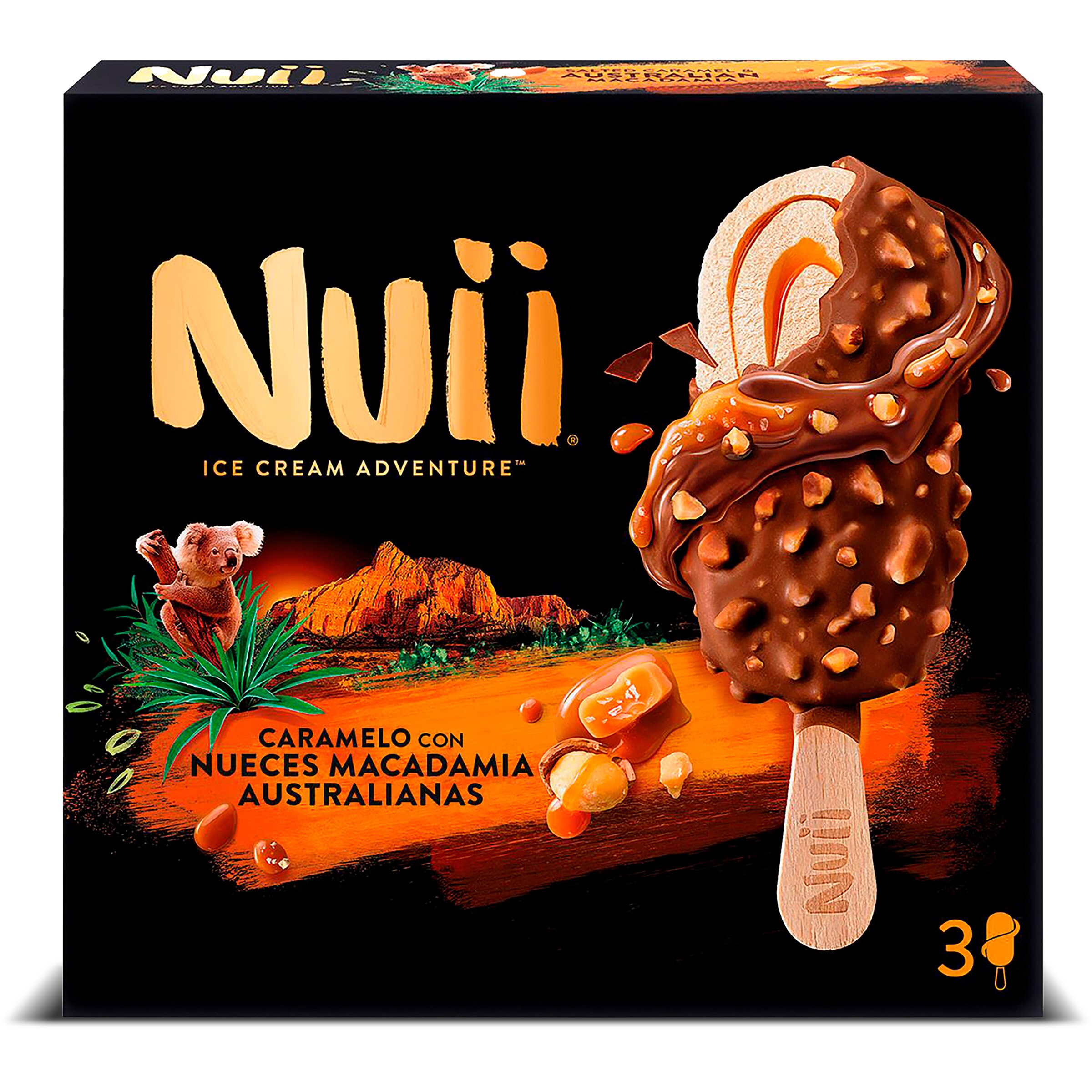Helado bombón de caramelo con nueces de macadamia australiana 3 unidades Nuii caja 204 g