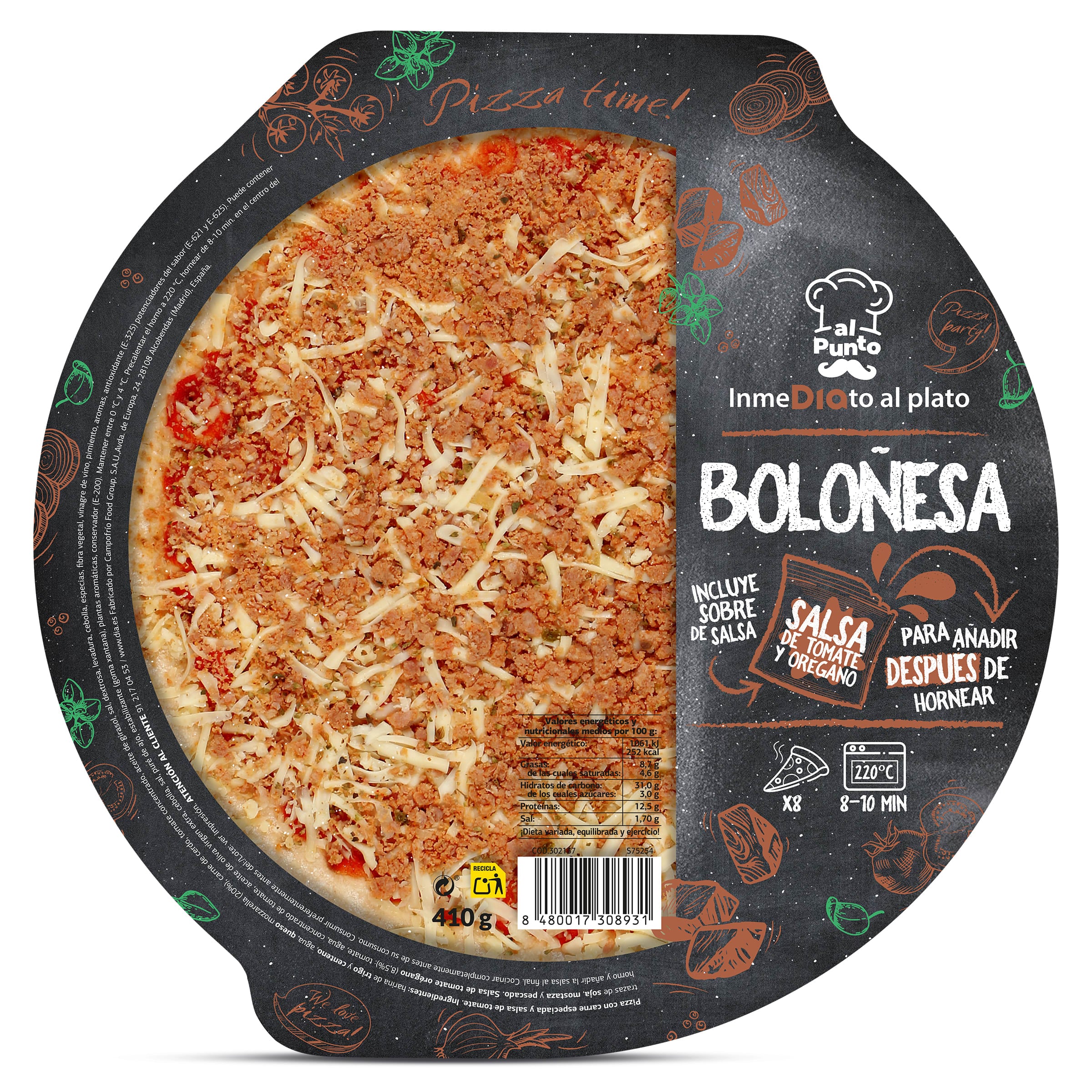 Pizza boloñesa con salsa de tomate y orégano Al Punto Dia bandeja 410 g