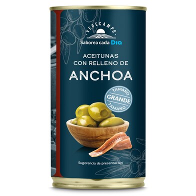 Aceitunas rellenas de anchoa grandes Vegecampo de Dia lata 150 g-0 Aceitunas rellenas de anchoa grandes Vegecampo de Dia lata 150 g-0