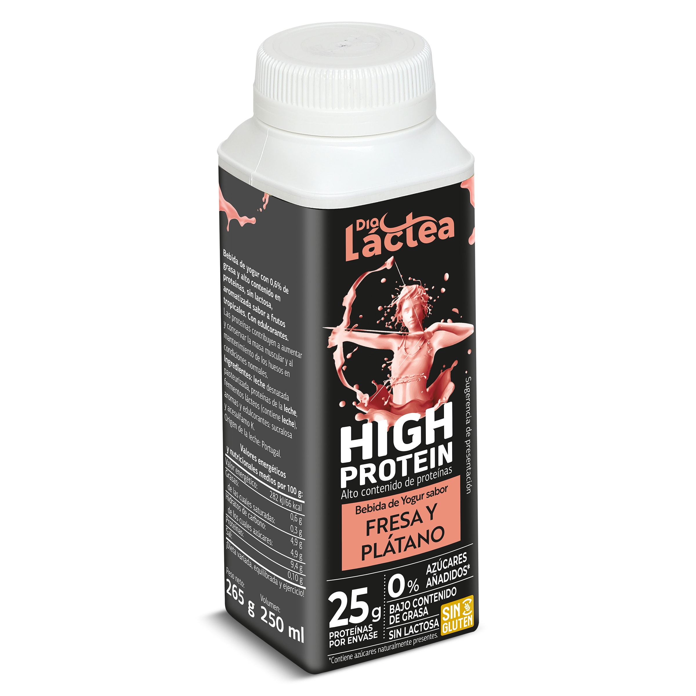Bebida de yogur sabor fresa y plátano alta en proteínas Dia Láctea botella 250 ml