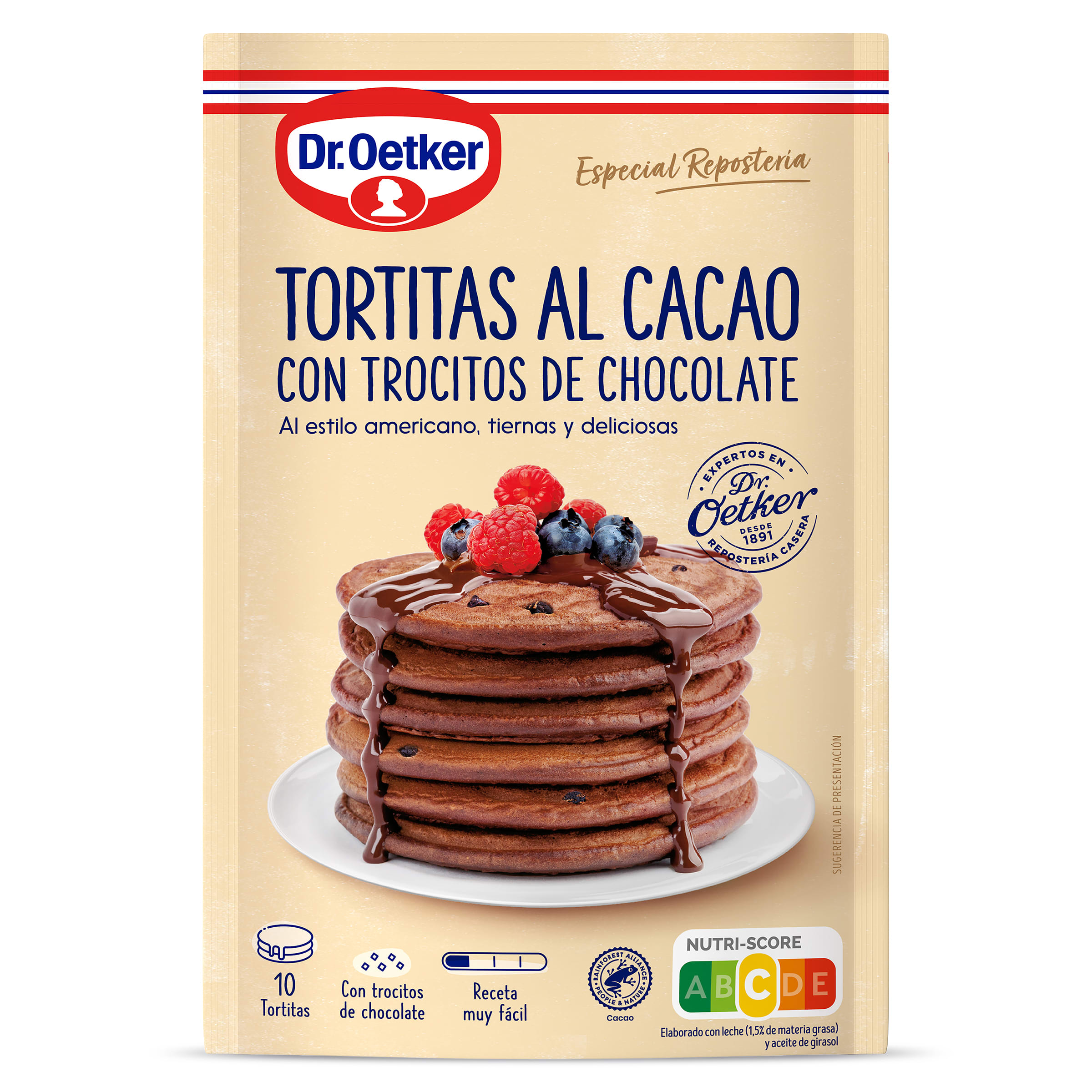 Preparado para tortitas al cacao con trocitos de chocolate Dr. Oetker bolsa 210 g