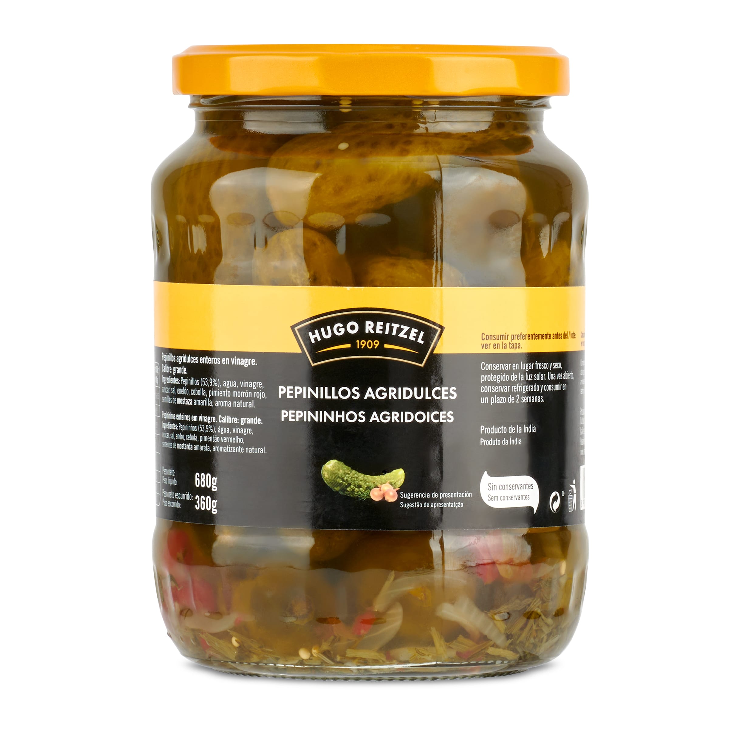 Pepinillos agridulces Hugo reitzel frasco 360 g