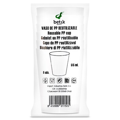 Vaso reutilizable de 515 ml Betik 6 unidades-0 Vaso reutilizable de 515 ml Betik 6 unidades-0