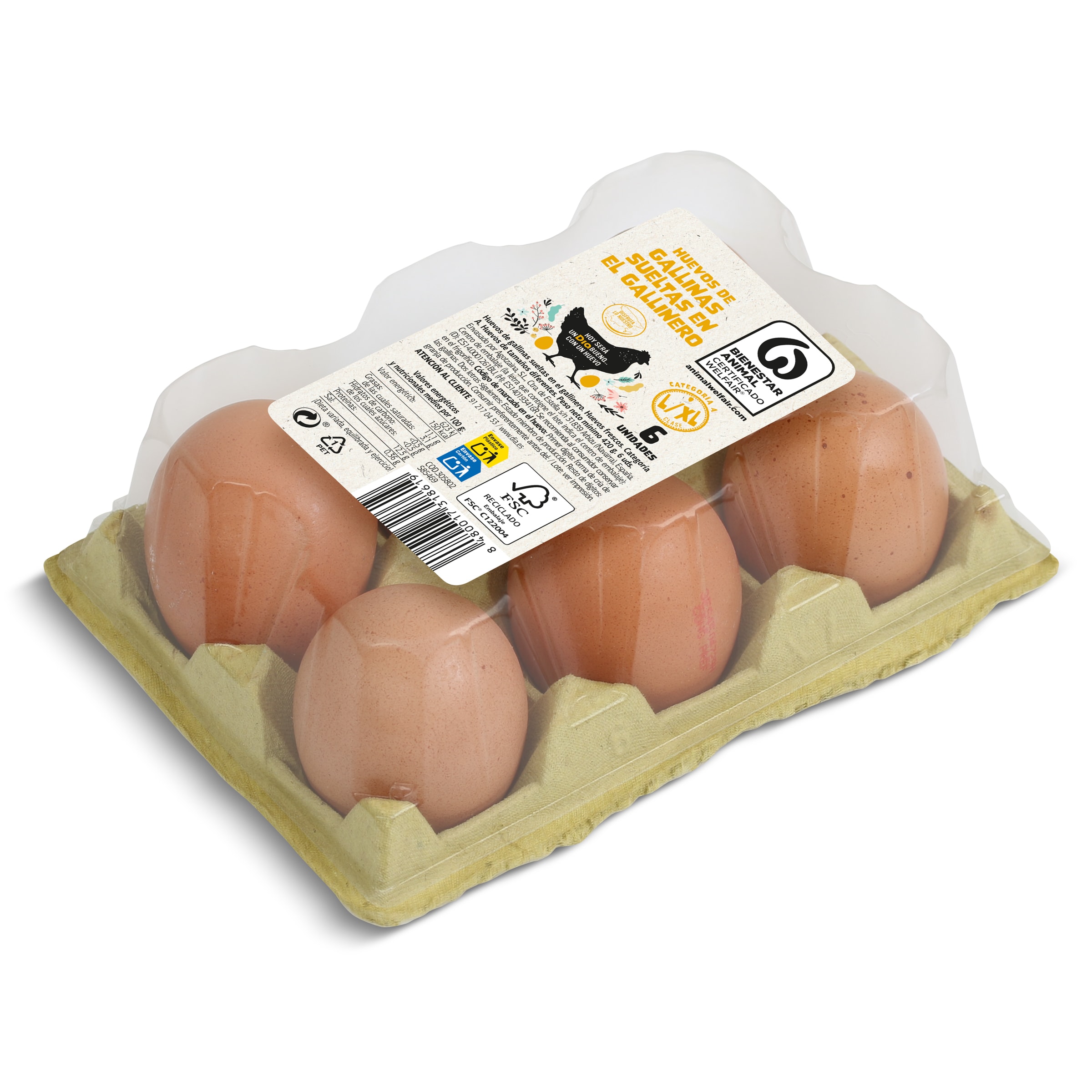 Huevos frescos de gallinas criadas en suelo categoría A clase L/XL Dia bandeja 6 unidades