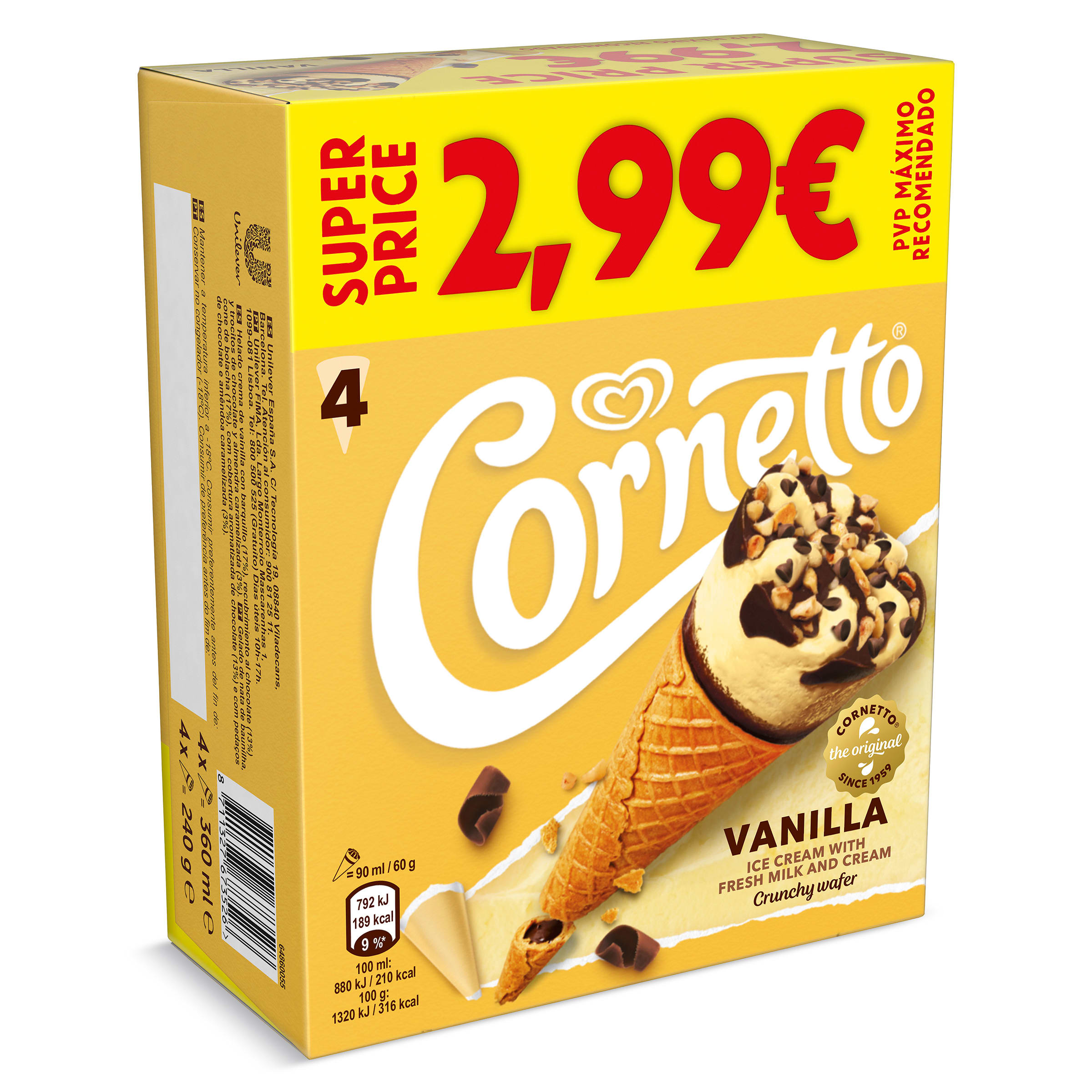 Helado cono de vainilla 4 unidades Cornetto caja 240 g