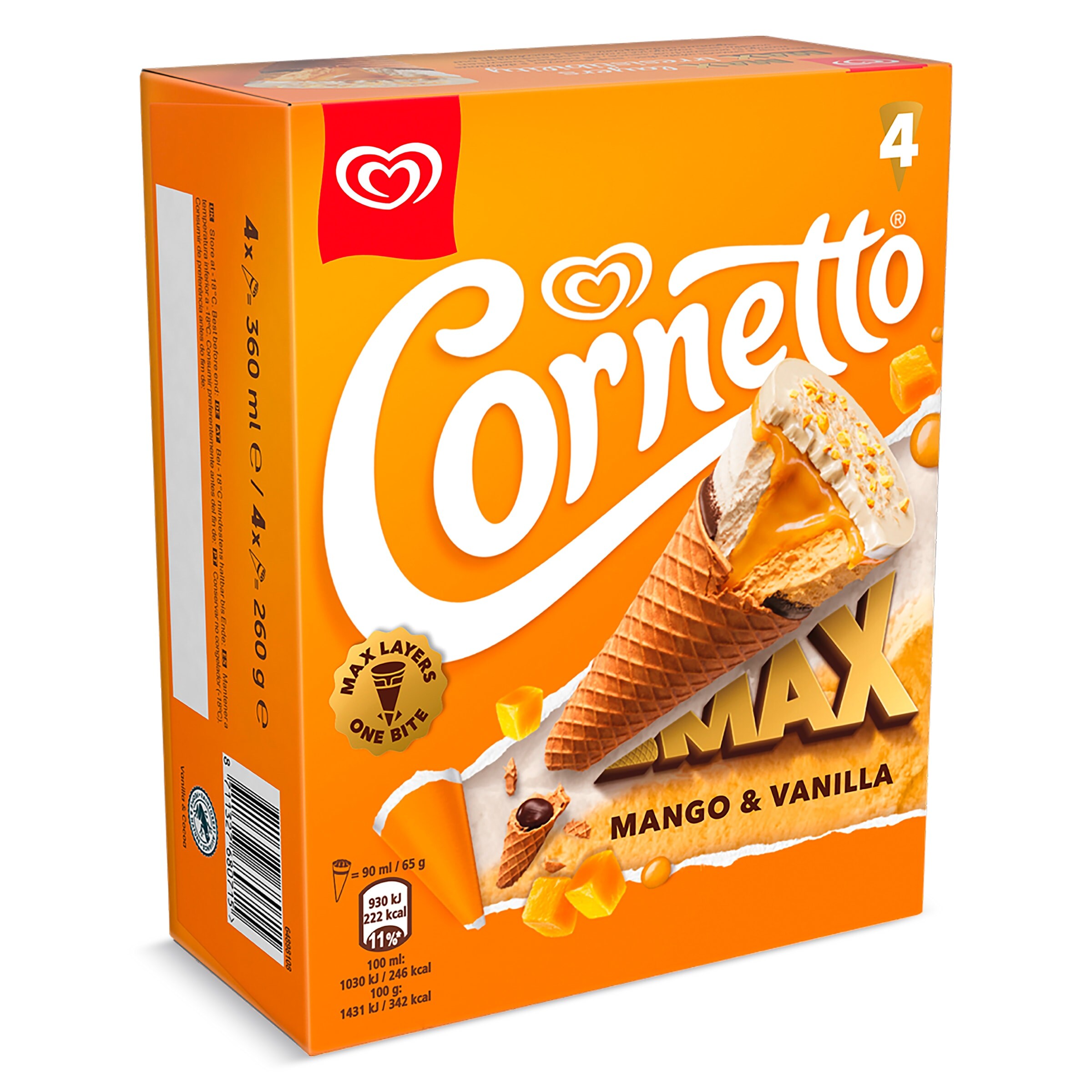 Helado cono de mango y vainilla max 4 unidades Cornetto caja 260 g