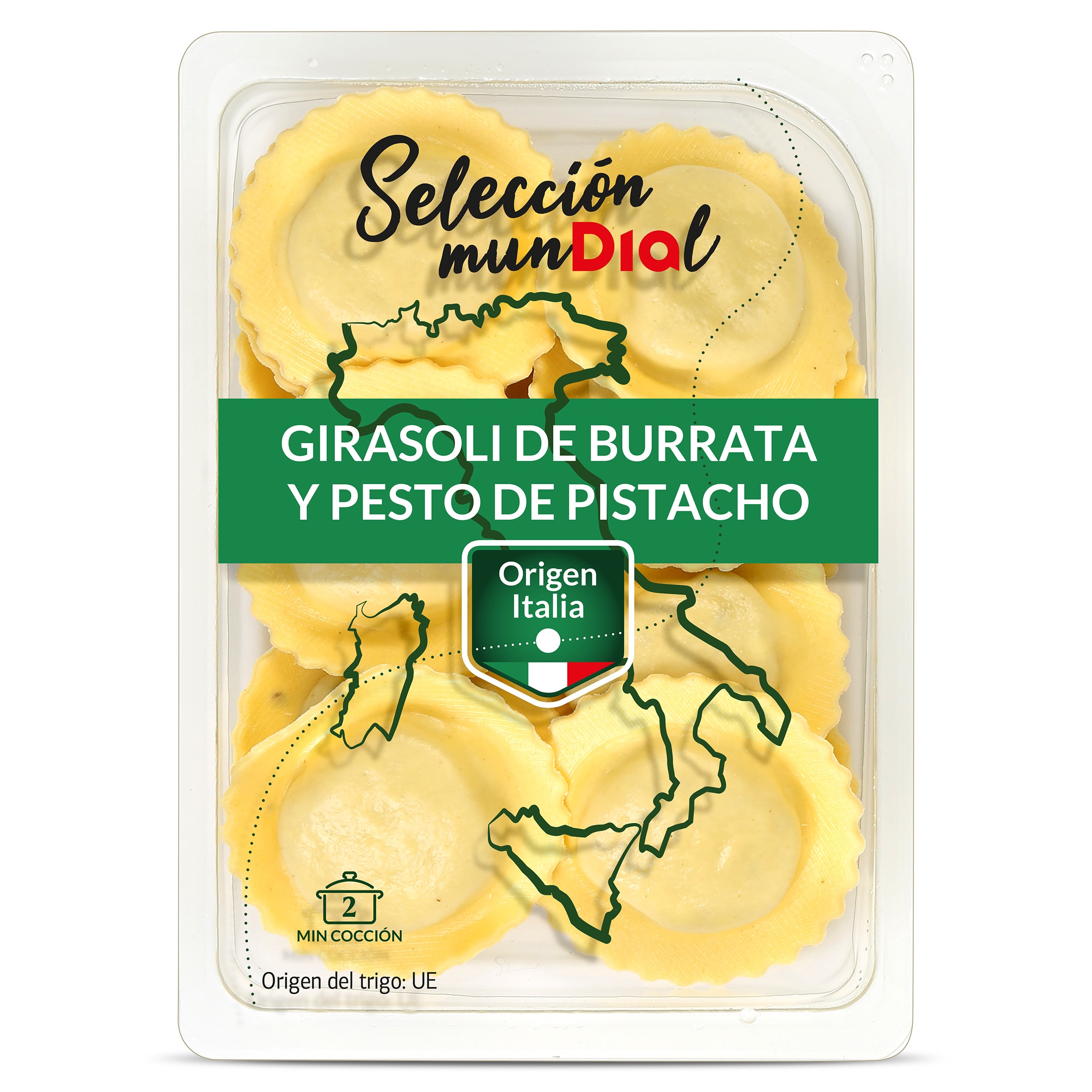 Pasta fresca girasoli de burrata y pistacho Dia Selección Mundial bandeja 250 g