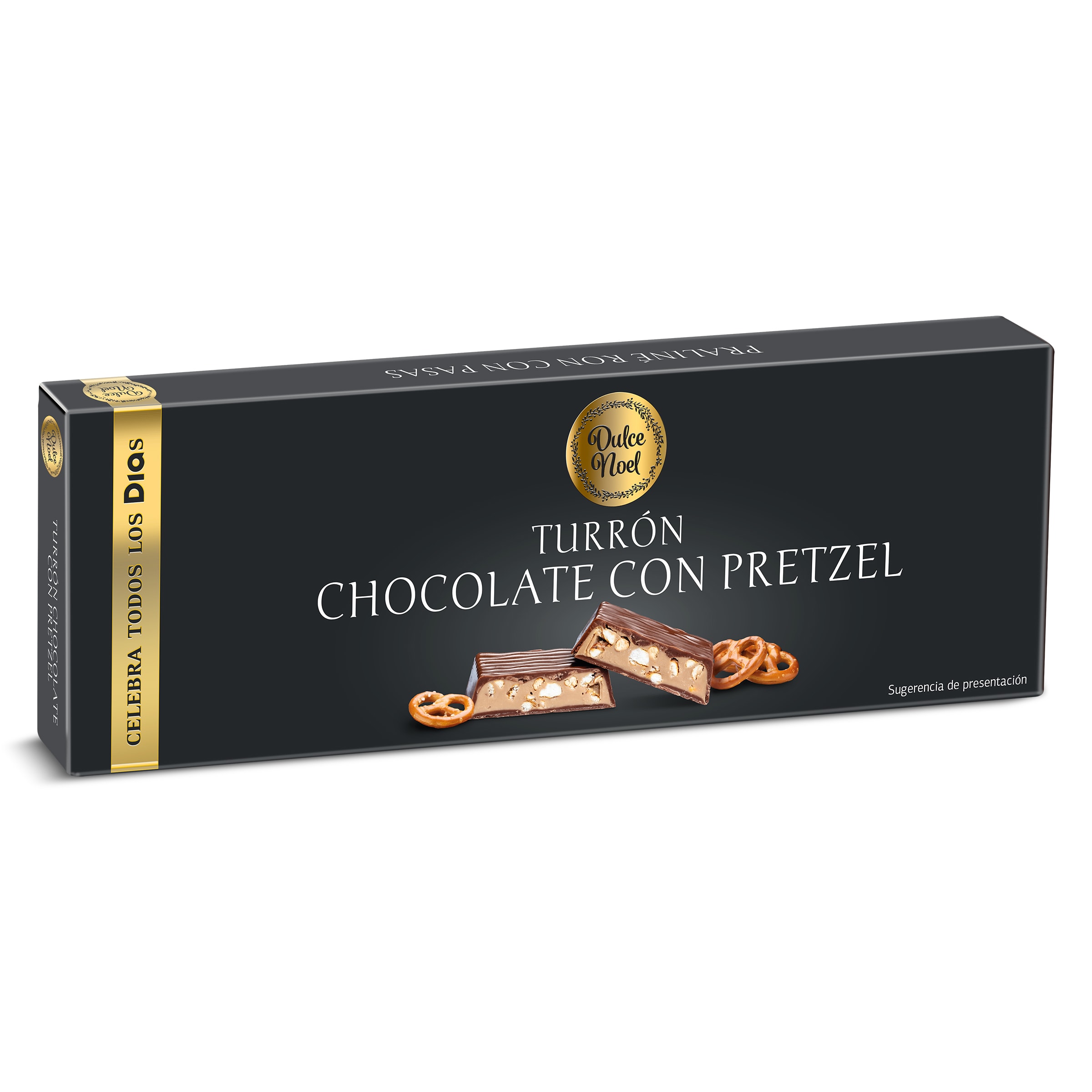 Turrón praliné chocolate con leche y galleta pretzel Dulce Noel Dia caja 145 g