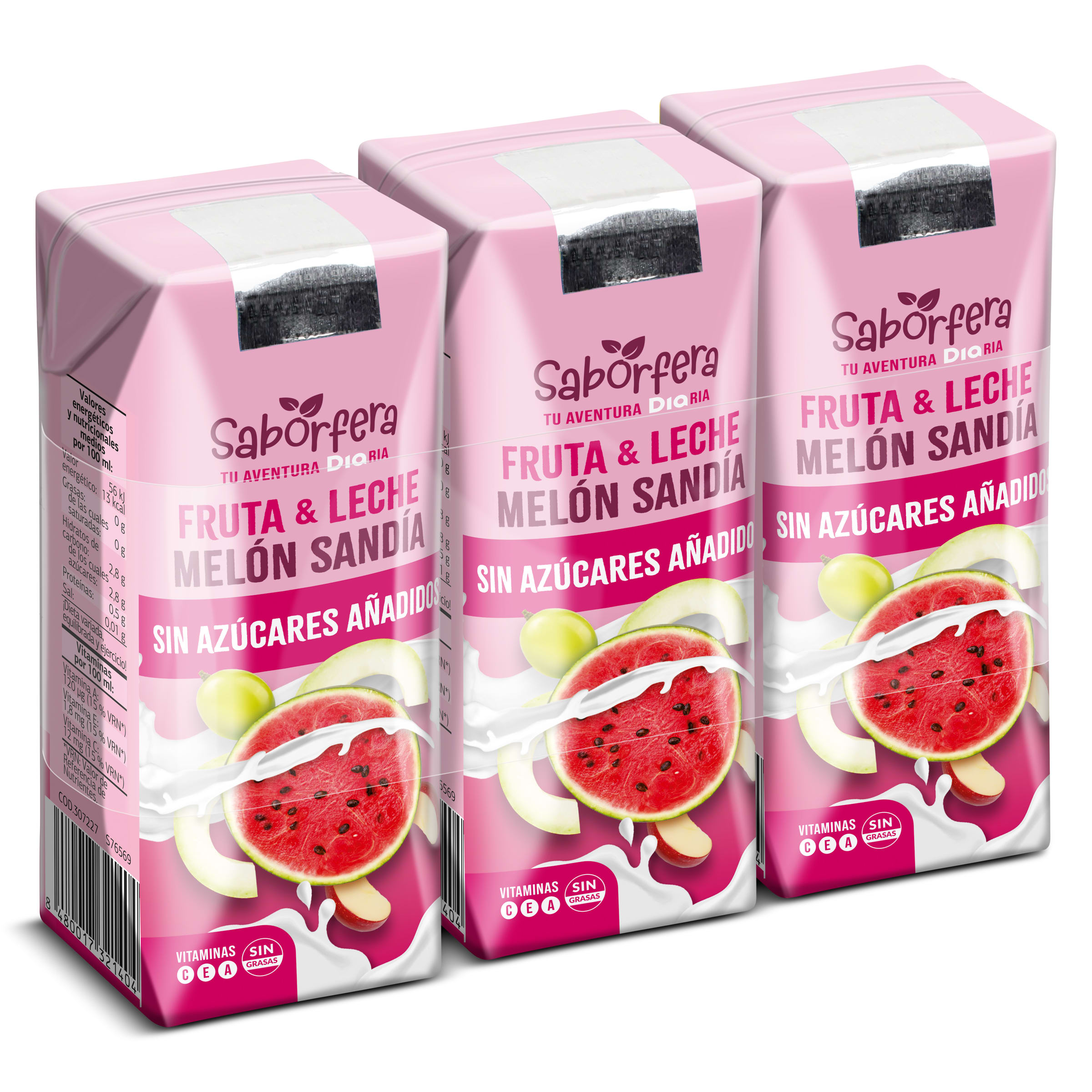 Bebida de frutas con leche melón y sandía Saborfera de Dia brik 3 x 330 ml