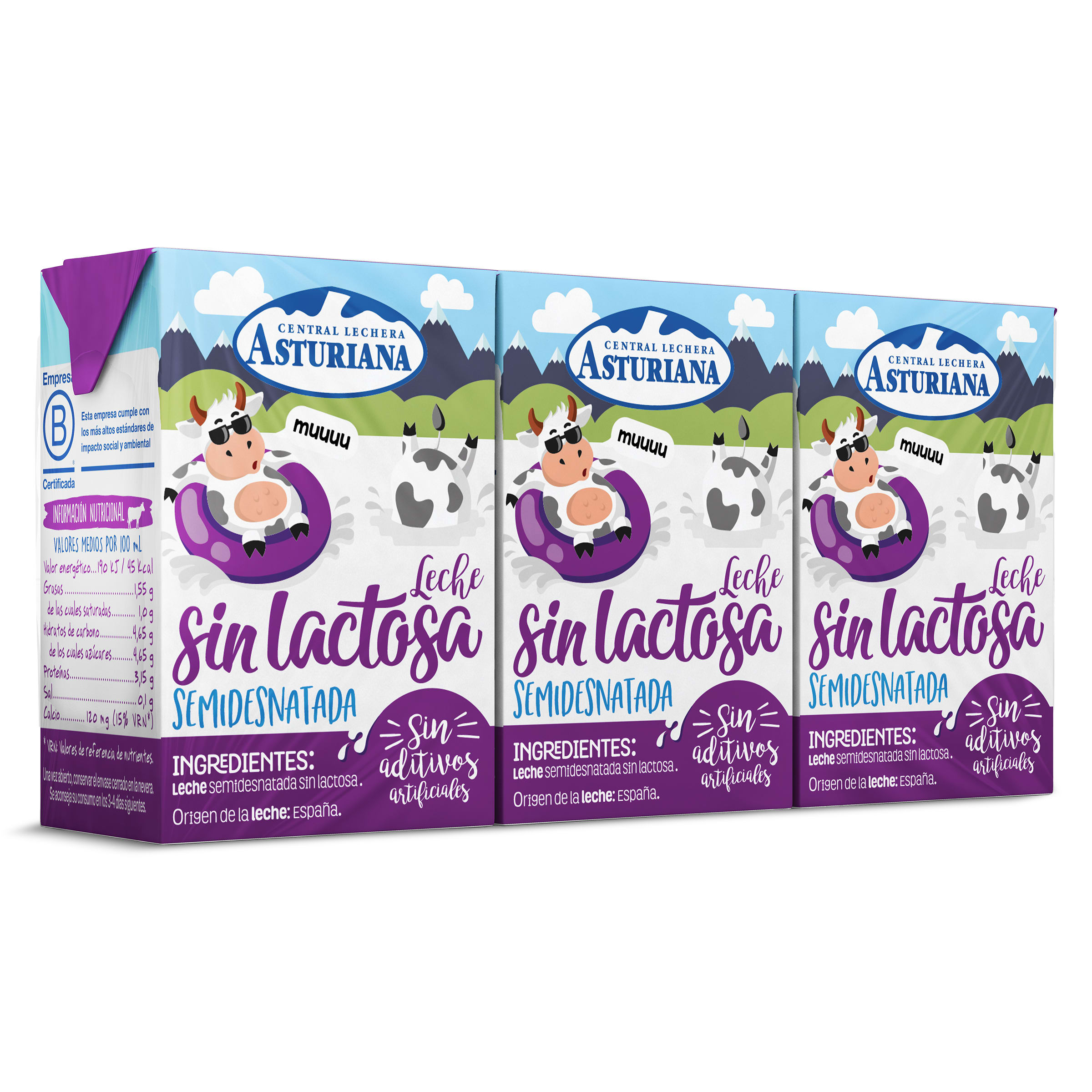 Leche semidesnatada sin lactosa Central Lechera Asturiana brik 3 x 200 ml