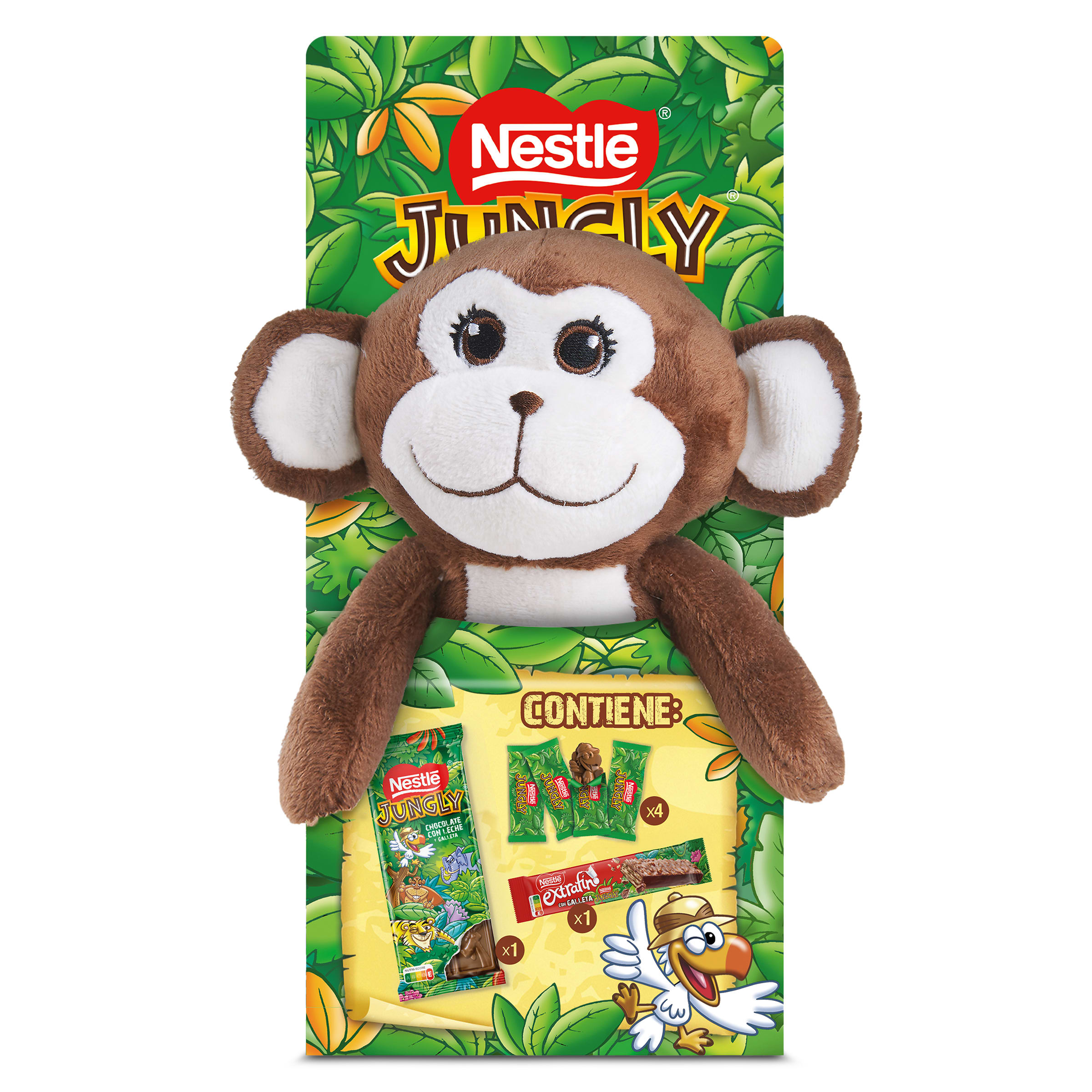 Chocolate con leche y galleta, barrita y figuritas + peluche Nestlé Jungly pack 155 g