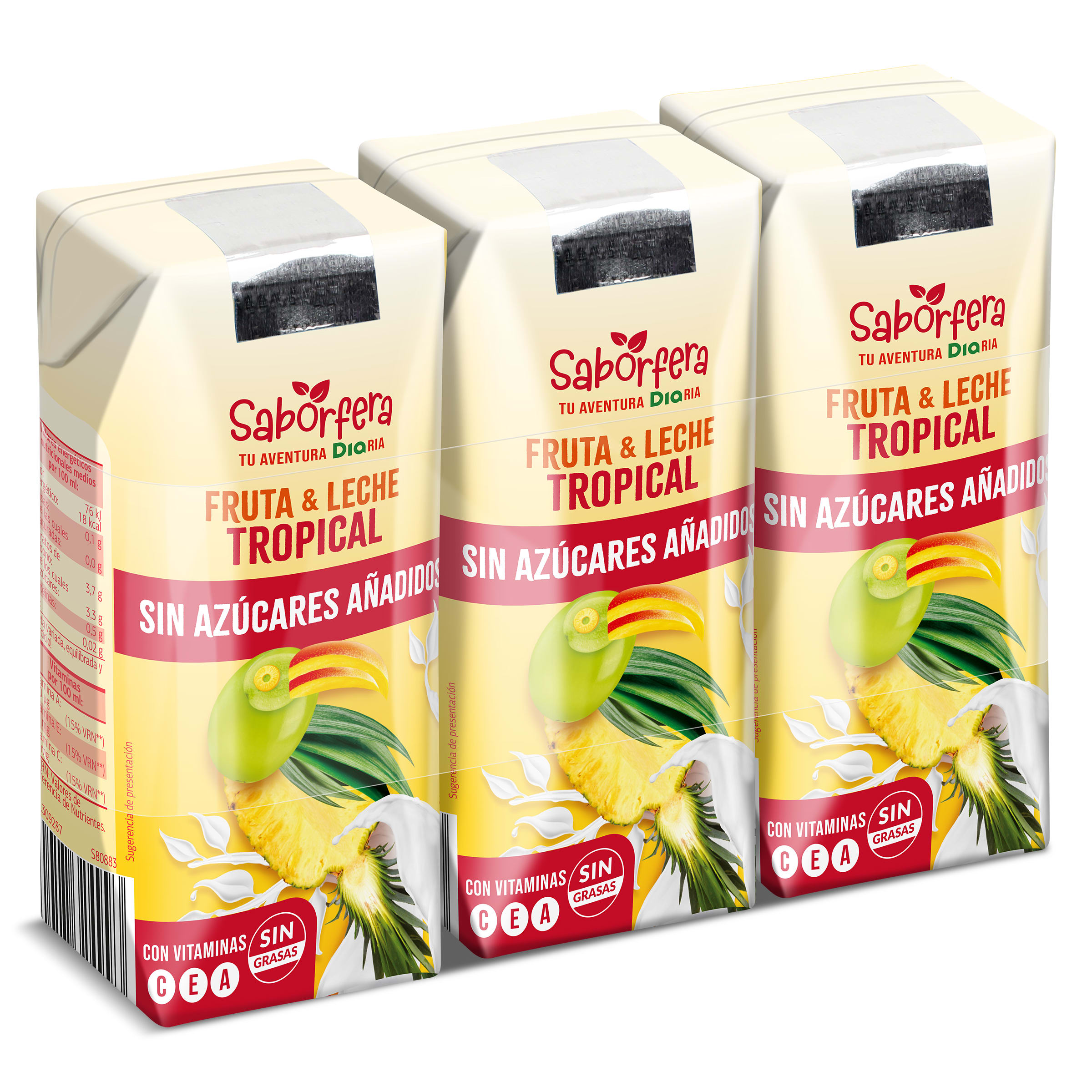 Bebida de fruta y leche tropical sin azúcar añadido Dia Saborfera 3 x 330 ml
