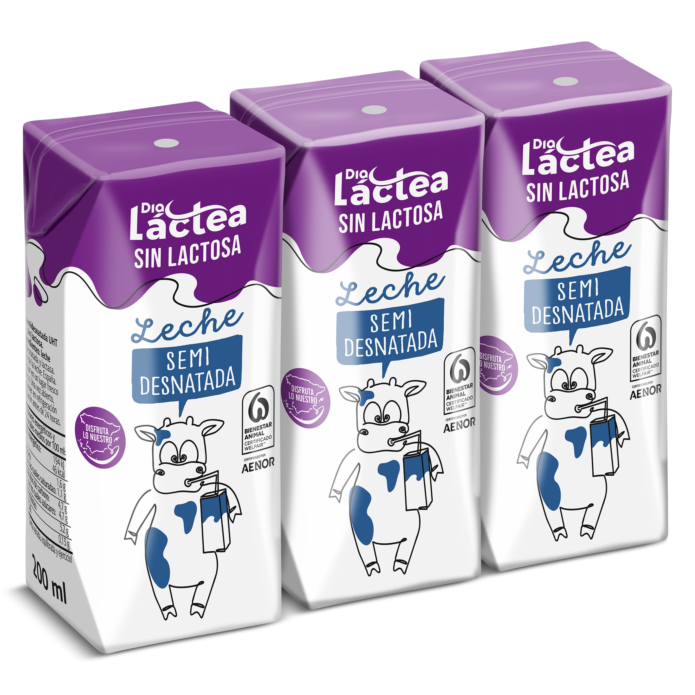 Leche semidesnatada sin lactosa Dia Láctea 3 x 200 ml