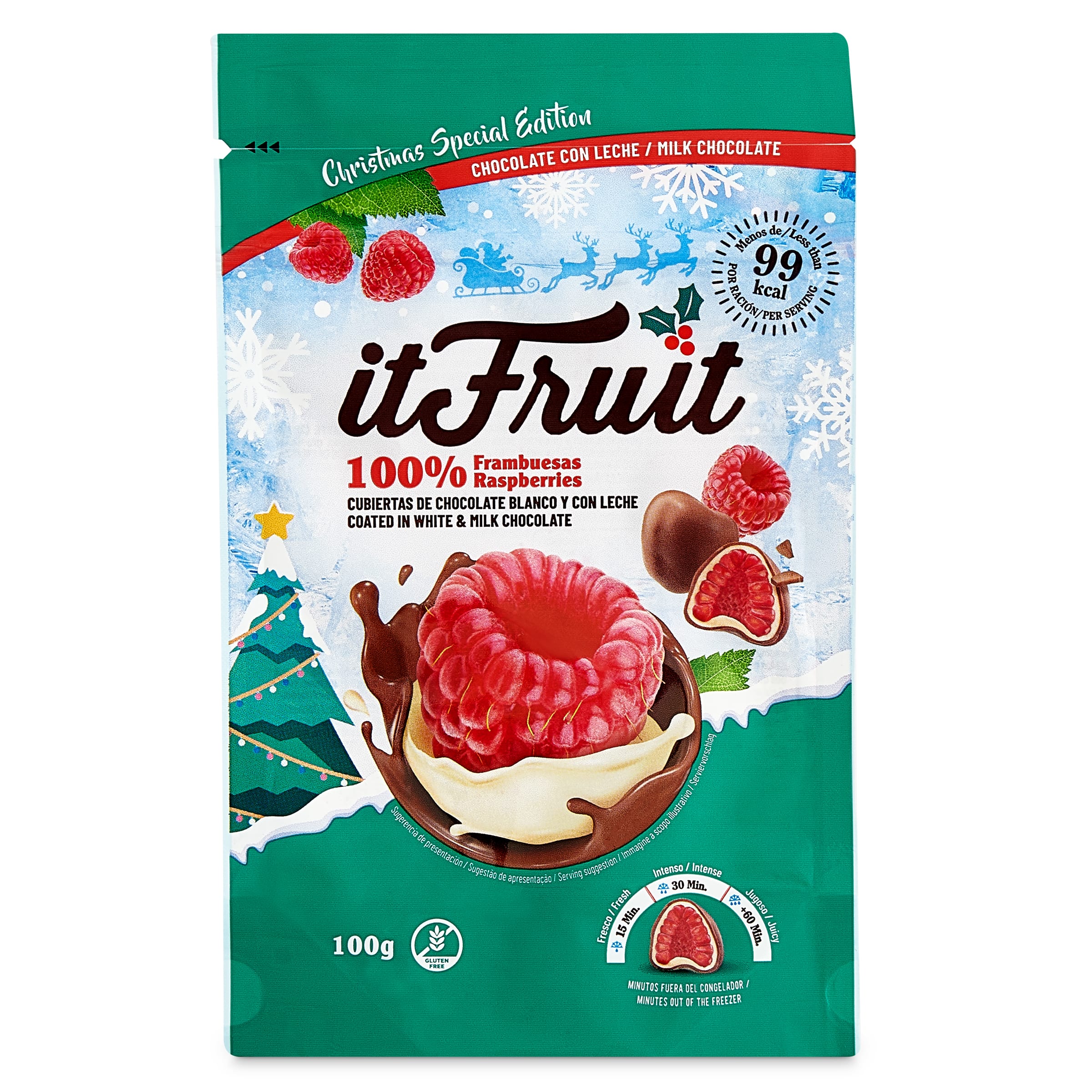 Frambuesas cubiertas con chocolate blanco y con leche Itfruit bolsa 100 g