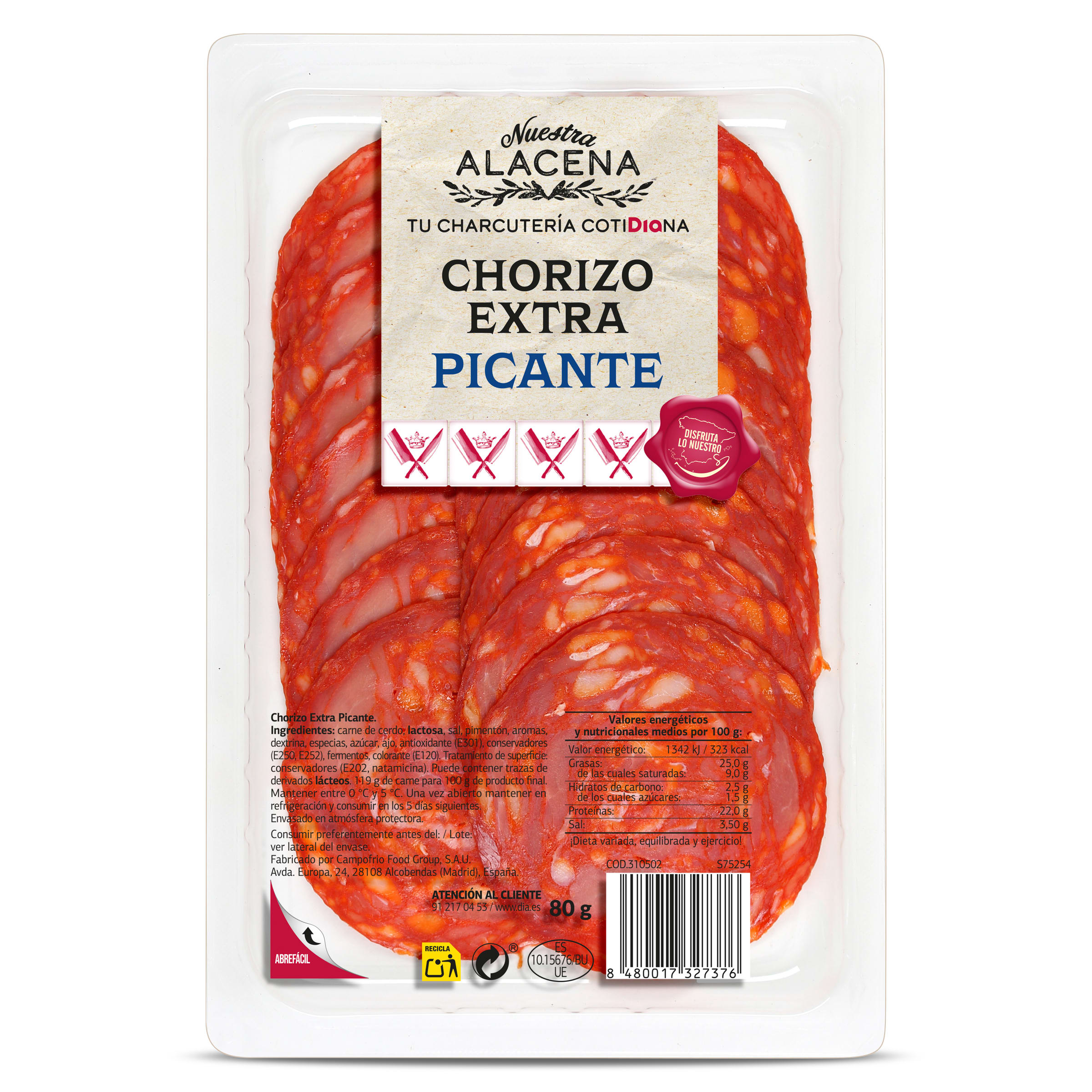 Chorizo extra picante Dia Nuestra Alacena 80 g