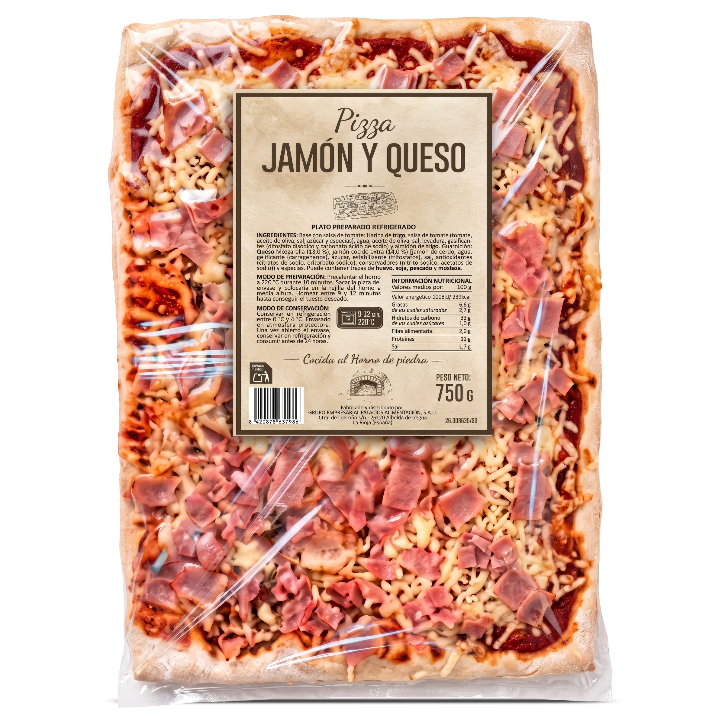 Pizza jamón y queso rectangular 750 g