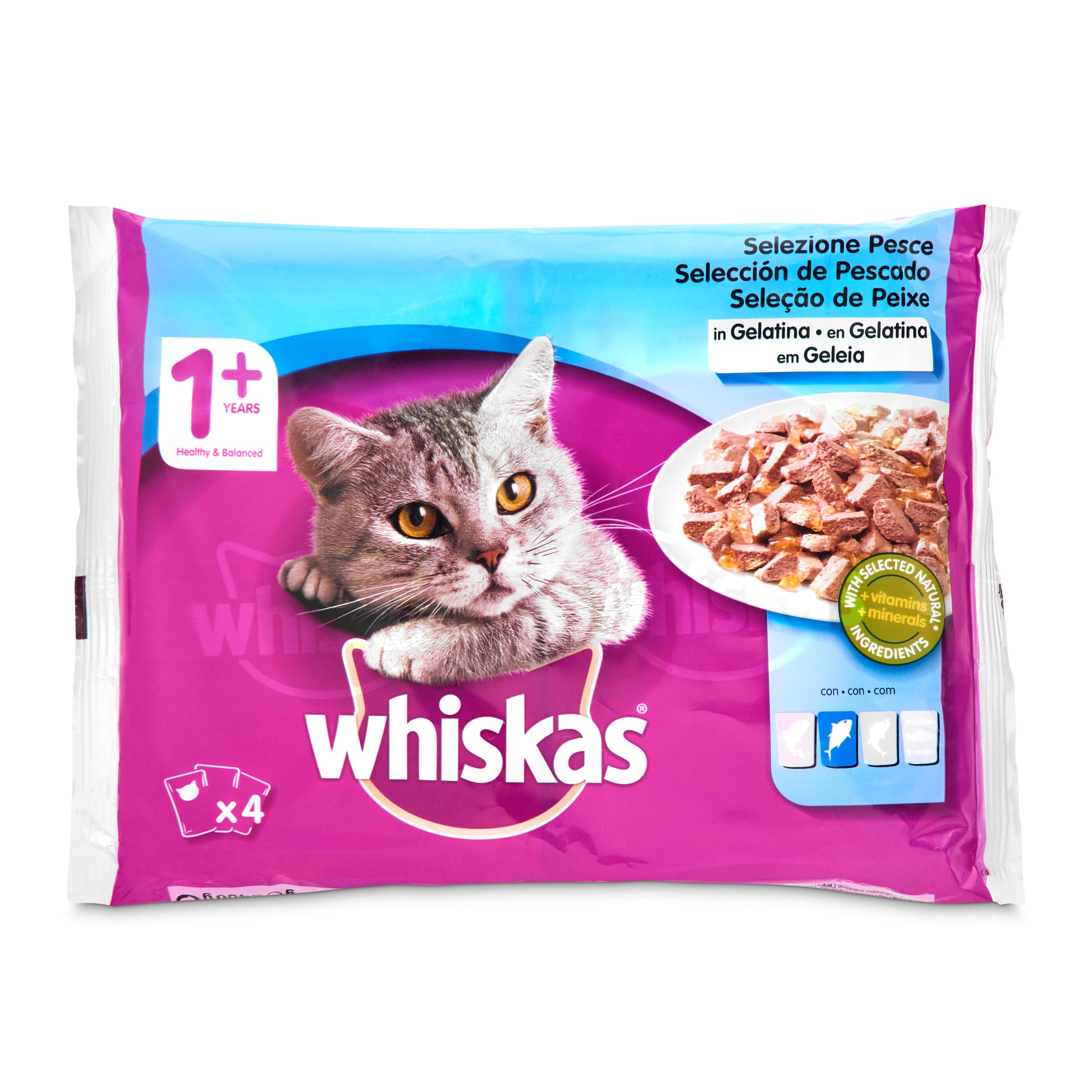 WHISKAS alimento para gatos sabores del mar bolsa 4 x 100 gr
