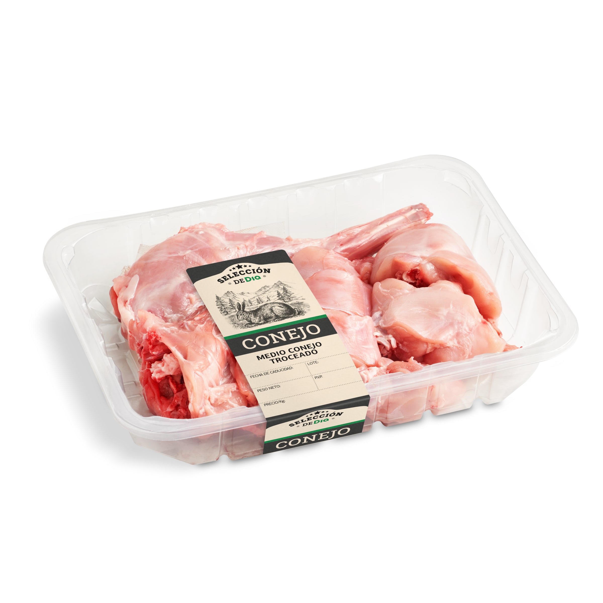Medio conejo troceado bandeja (990 gr aprox.)